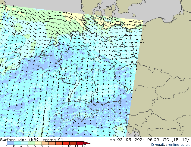 Viento 10 m (bft) Arome 01 lun 03.06.2024 06 UTC