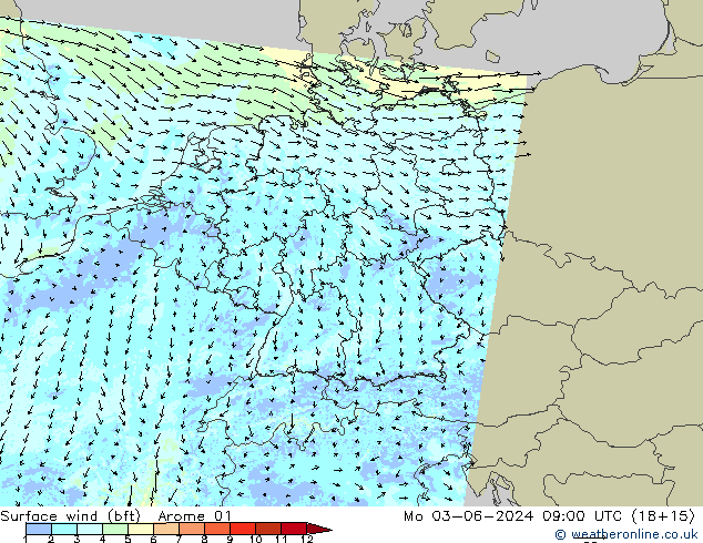 Wind 10 m (bft) Arome 01 ma 03.06.2024 09 UTC