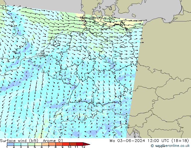 Bodenwind (bft) Arome 01 Mo 03.06.2024 12 UTC