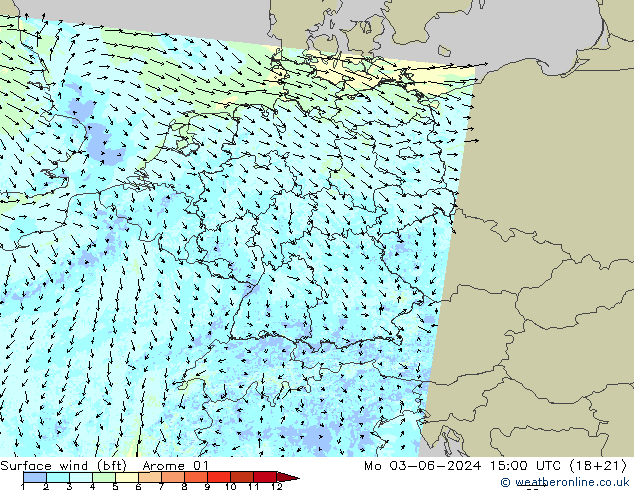 Wind 10 m (bft) Arome 01 ma 03.06.2024 15 UTC