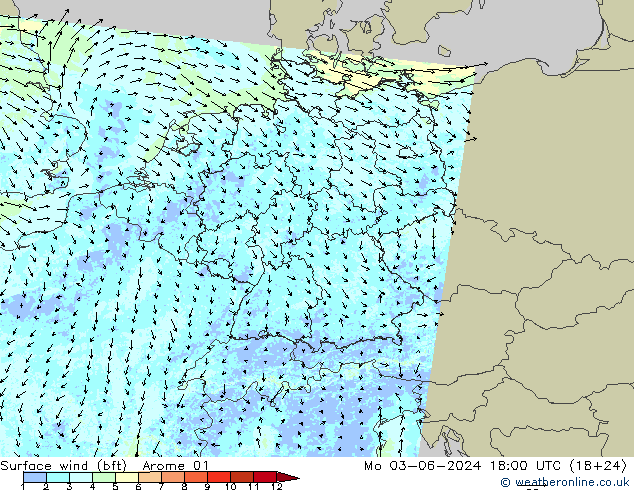 �N 10 米 (bft) Arome 01 星期一 03.06.2024 18 UTC