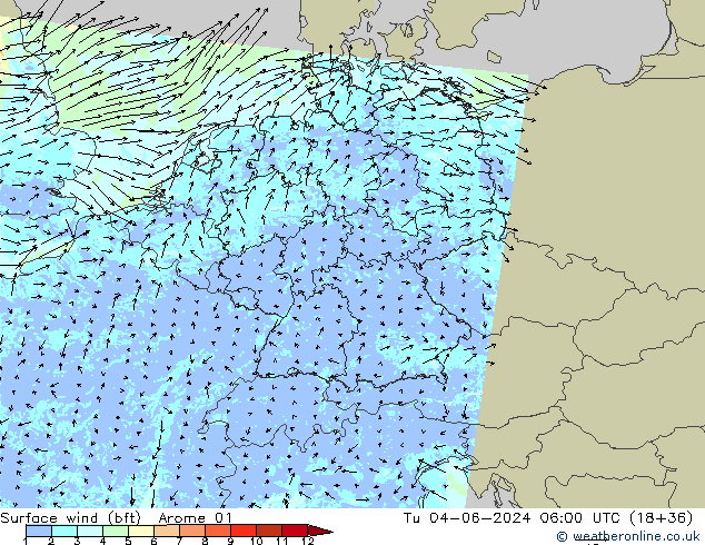 Wind 10 m (bft) Arome 01 di 04.06.2024 06 UTC