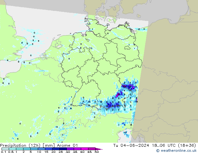 Totale neerslag (12h) Arome 01 di 04.06.2024 06 UTC