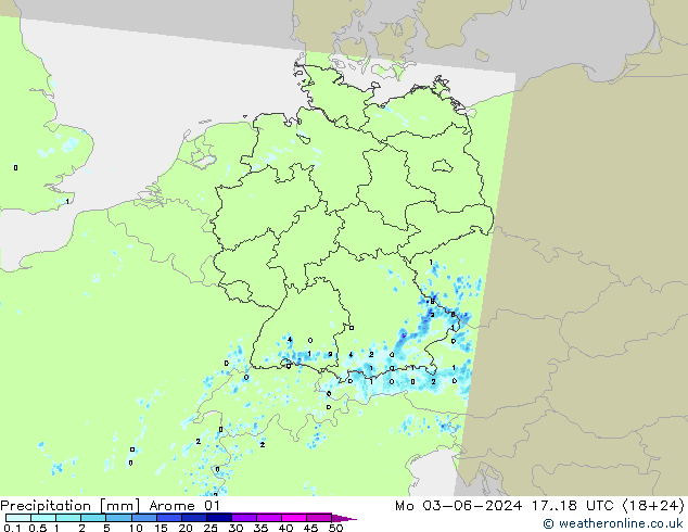 Srážky Arome 01 Po 03.06.2024 18 UTC