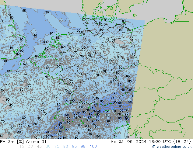 RH 2m Arome 01 lun 03.06.2024 18 UTC