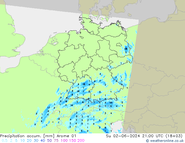 Precipitation accum. Arome 01 dom 02.06.2024 21 UTC