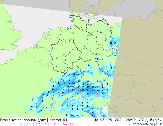 Precipitation accum. Arome 01 Mo 03.06.2024 00 UTC