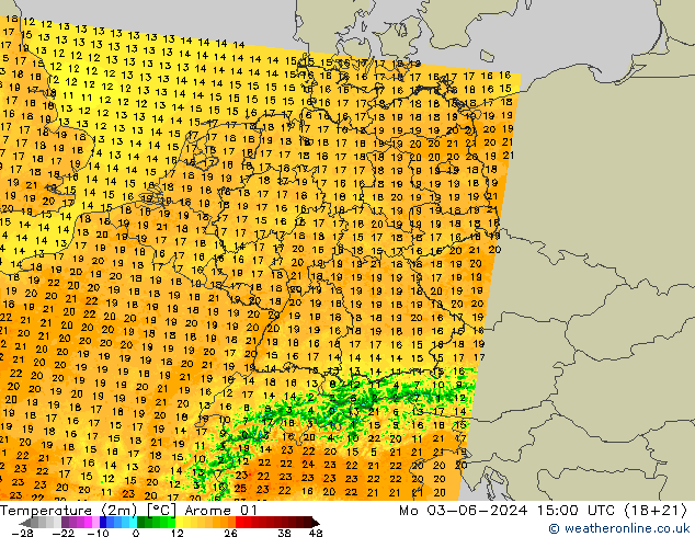 Temperaturkarte (2m) Arome 01 Mo 03.06.2024 15 UTC