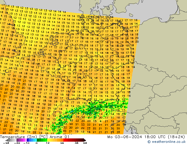 Temperaturkarte (2m) Arome 01 Mo 03.06.2024 18 UTC