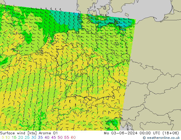 Vent 10 m Arome 01 lun 03.06.2024 00 UTC