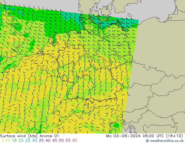 wiatr 10 m Arome 01 pon. 03.06.2024 06 UTC
