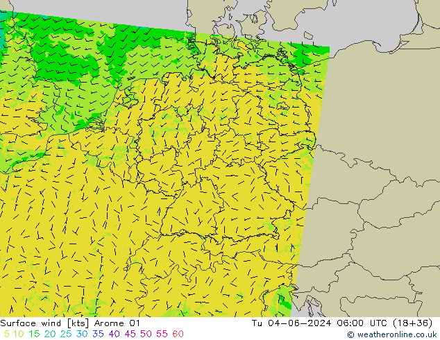 Vent 10 m Arome 01 mar 04.06.2024 06 UTC