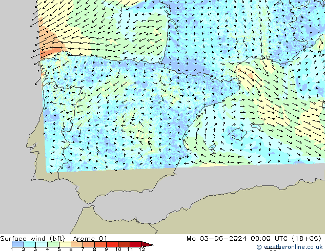 Rüzgar 10 m (bft) Arome 01 Pzt 03.06.2024 00 UTC