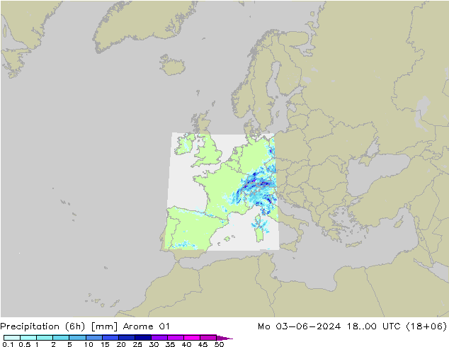 降水量 (6h) Arome 01 星期一 03.06.2024 00 UTC