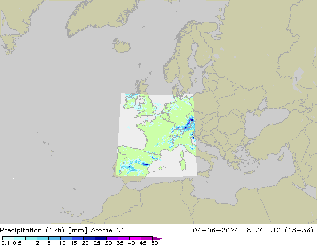 Precipitation (12h) Arome 01 Út 04.06.2024 06 UTC