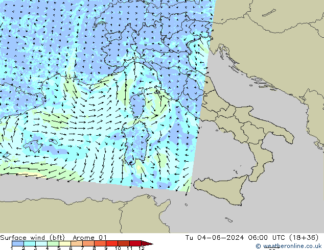 Wind 10 m (bft) Arome 01 di 04.06.2024 06 UTC