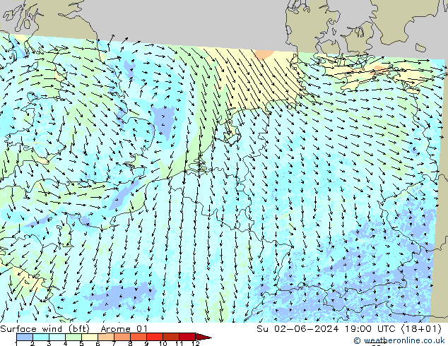 Surface wind (bft) Arome 01 Su 02.06.2024 19 UTC