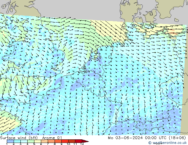 Bodenwind (bft) Arome 01 Mo 03.06.2024 00 UTC