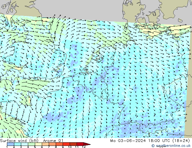 Surface wind (bft) Arome 01 Po 03.06.2024 18 UTC