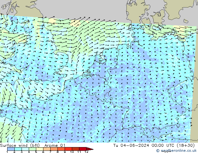 Rüzgar 10 m (bft) Arome 01 Sa 04.06.2024 00 UTC