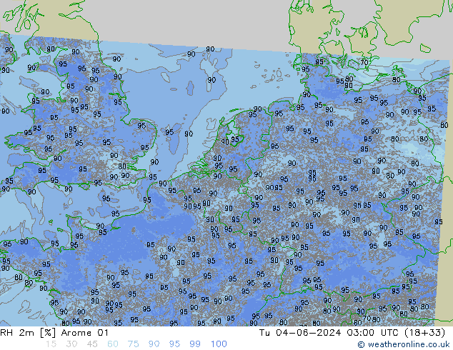 Humidité rel. 2m Arome 01 mar 04.06.2024 03 UTC
