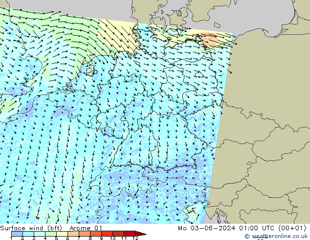 Wind 10 m (bft) Arome 01 ma 03.06.2024 01 UTC
