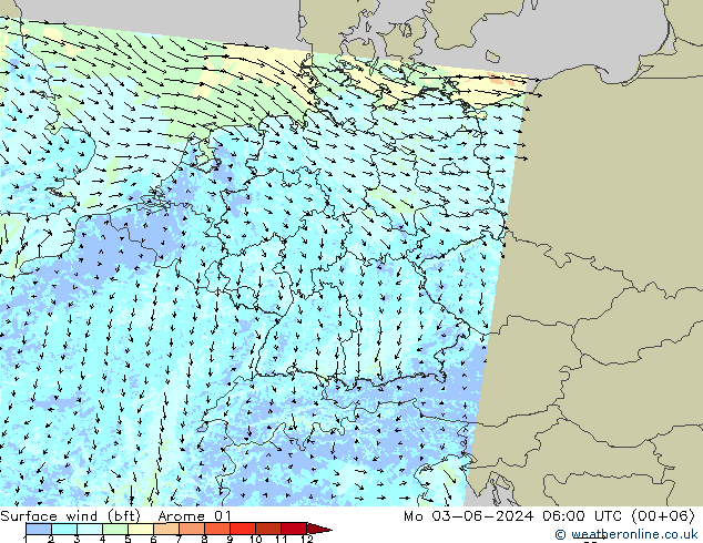 wiatr 10 m (bft) Arome 01 pon. 03.06.2024 06 UTC
