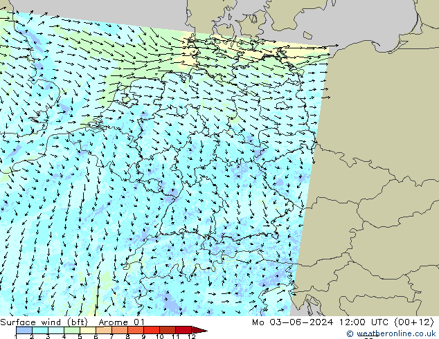 Vent 10 m (bft) Arome 01 lun 03.06.2024 12 UTC