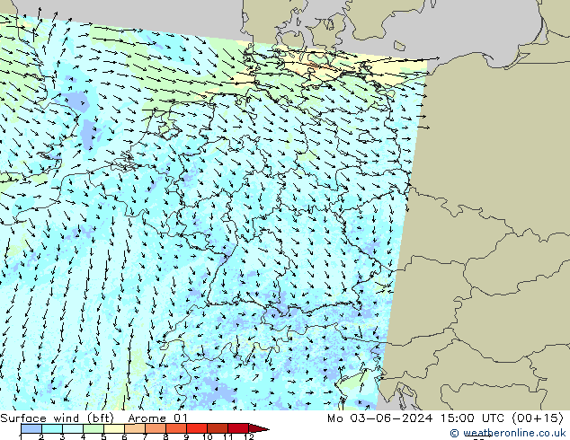 Bodenwind (bft) Arome 01 Mo 03.06.2024 15 UTC