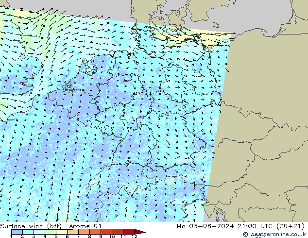 Surface wind (bft) Arome 01 Mo 03.06.2024 21 UTC