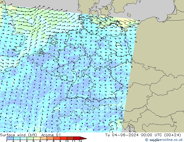 Surface wind (bft) Arome 01 Tu 04.06.2024 00 UTC