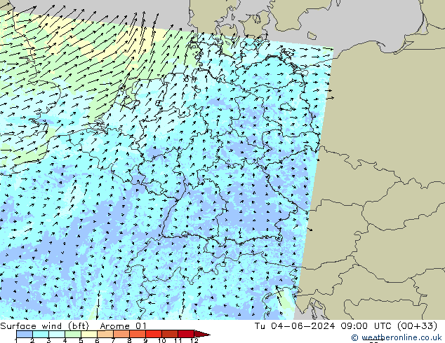 Rüzgar 10 m (bft) Arome 01 Sa 04.06.2024 09 UTC