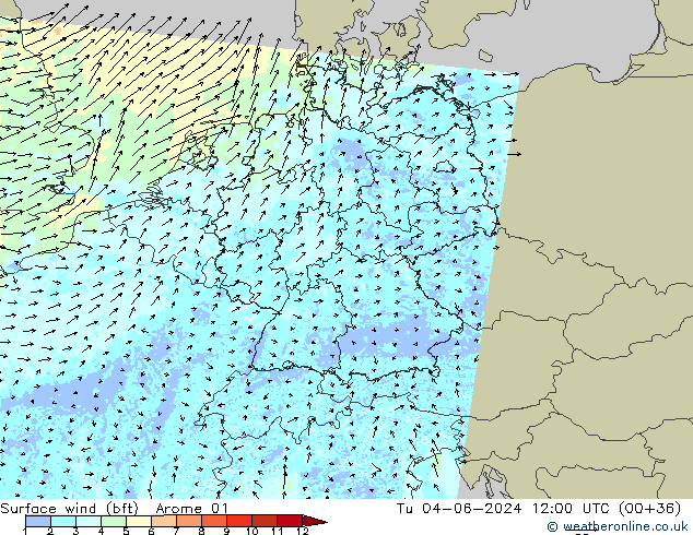 Wind 10 m (bft) Arome 01 di 04.06.2024 12 UTC