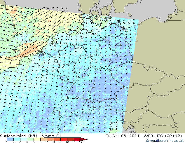 Wind 10 m (bft) Arome 01 di 04.06.2024 18 UTC