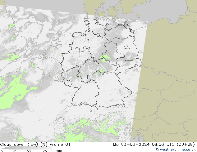 Cloud cover (low) Arome 01 Mo 03.06.2024 09 UTC