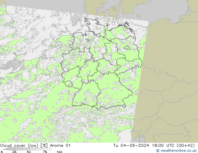 Cloud cover (low) Arome 01 Tu 04.06.2024 18 UTC