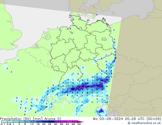 Precipitation (6h) Arome 01 Mo 03.06.2024 06 UTC