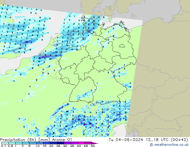 Precipitation (6h) Arome 01 Tu 04.06.2024 18 UTC