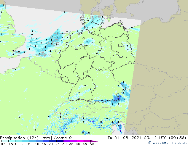 Totale neerslag (12h) Arome 01 di 04.06.2024 12 UTC
