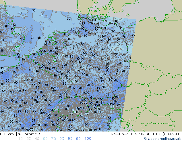 Humidité rel. 2m Arome 01 mar 04.06.2024 00 UTC