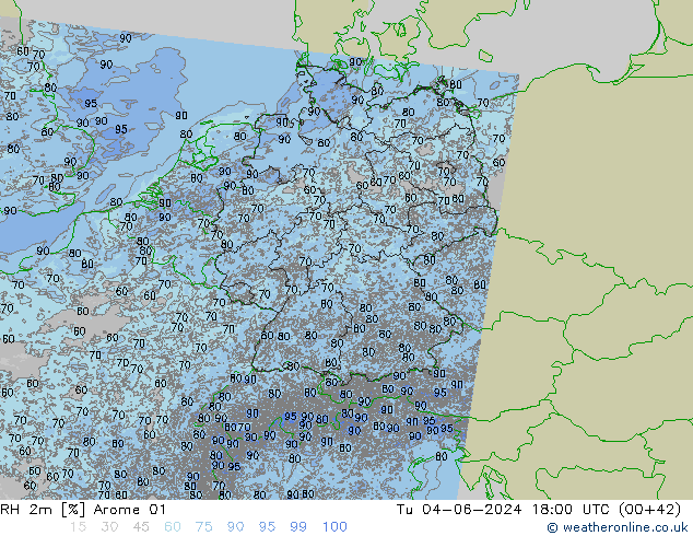 RH 2m Arome 01 Út 04.06.2024 18 UTC