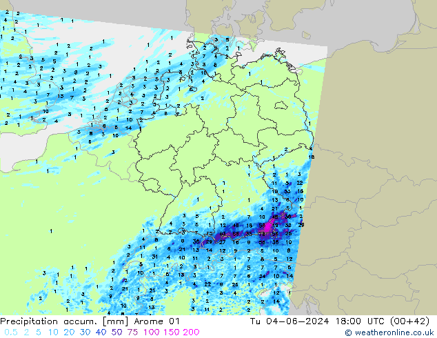 Totale neerslag Arome 01 di 04.06.2024 18 UTC