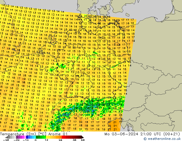Temperatuurkaart (2m) Arome 01 ma 03.06.2024 21 UTC