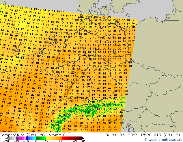 Temperature (2m) Arome 01 Tu 04.06.2024 18 UTC