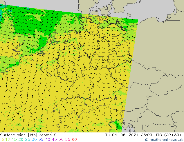 Vento 10 m Arome 01 mar 04.06.2024 06 UTC