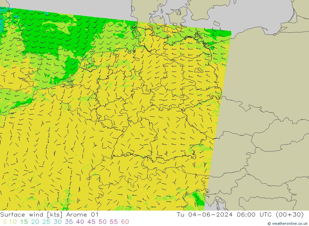 Wind 10 m Arome 01 di 04.06.2024 06 UTC