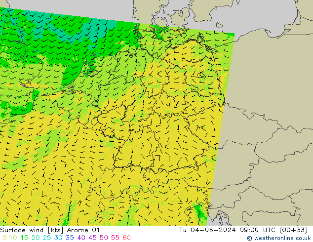 Vento 10 m Arome 01 Ter 04.06.2024 09 UTC