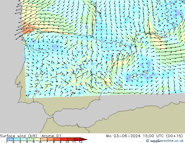 Surface wind (bft) Arome 01 Po 03.06.2024 15 UTC