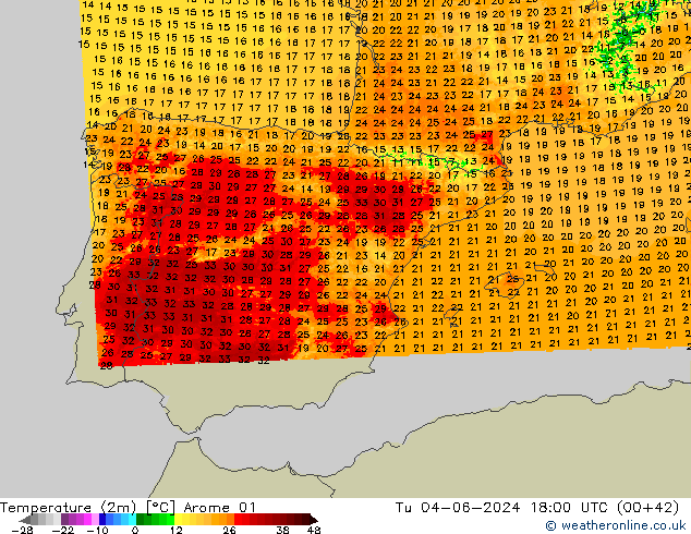 Temperaturkarte (2m) Arome 01 Di 04.06.2024 18 UTC