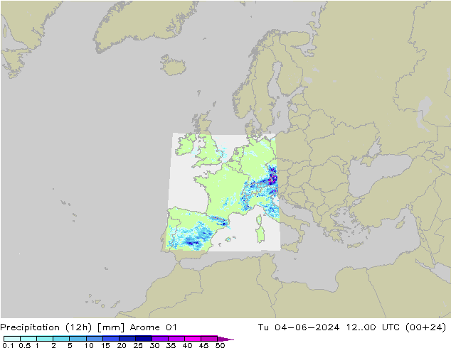 Precipitación (12h) Arome 01 mar 04.06.2024 00 UTC